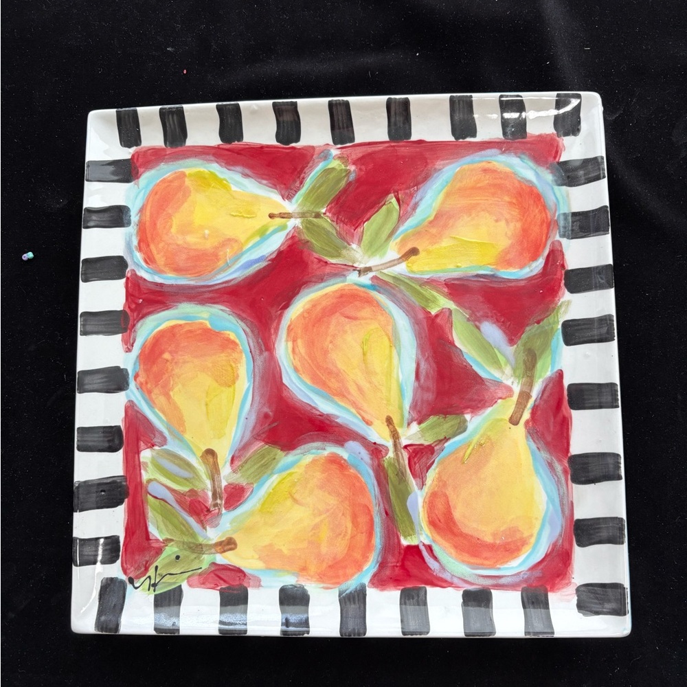 Hand Painted Ceramic 10” Square Tray” Pears On Scarlet Design Original